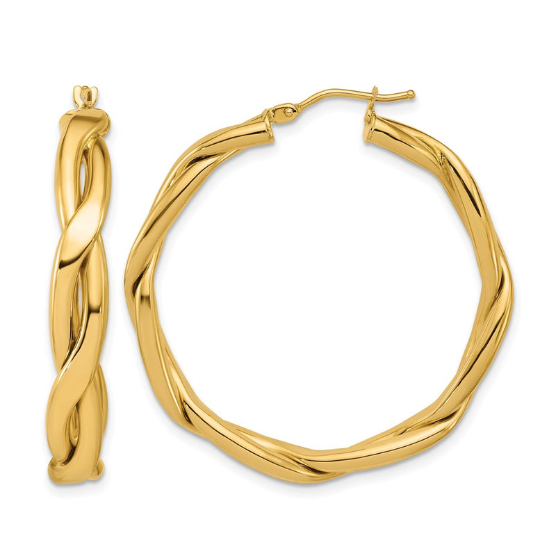 14K Yellow Gold Polished Fancy Twist Round Hoop Earrings