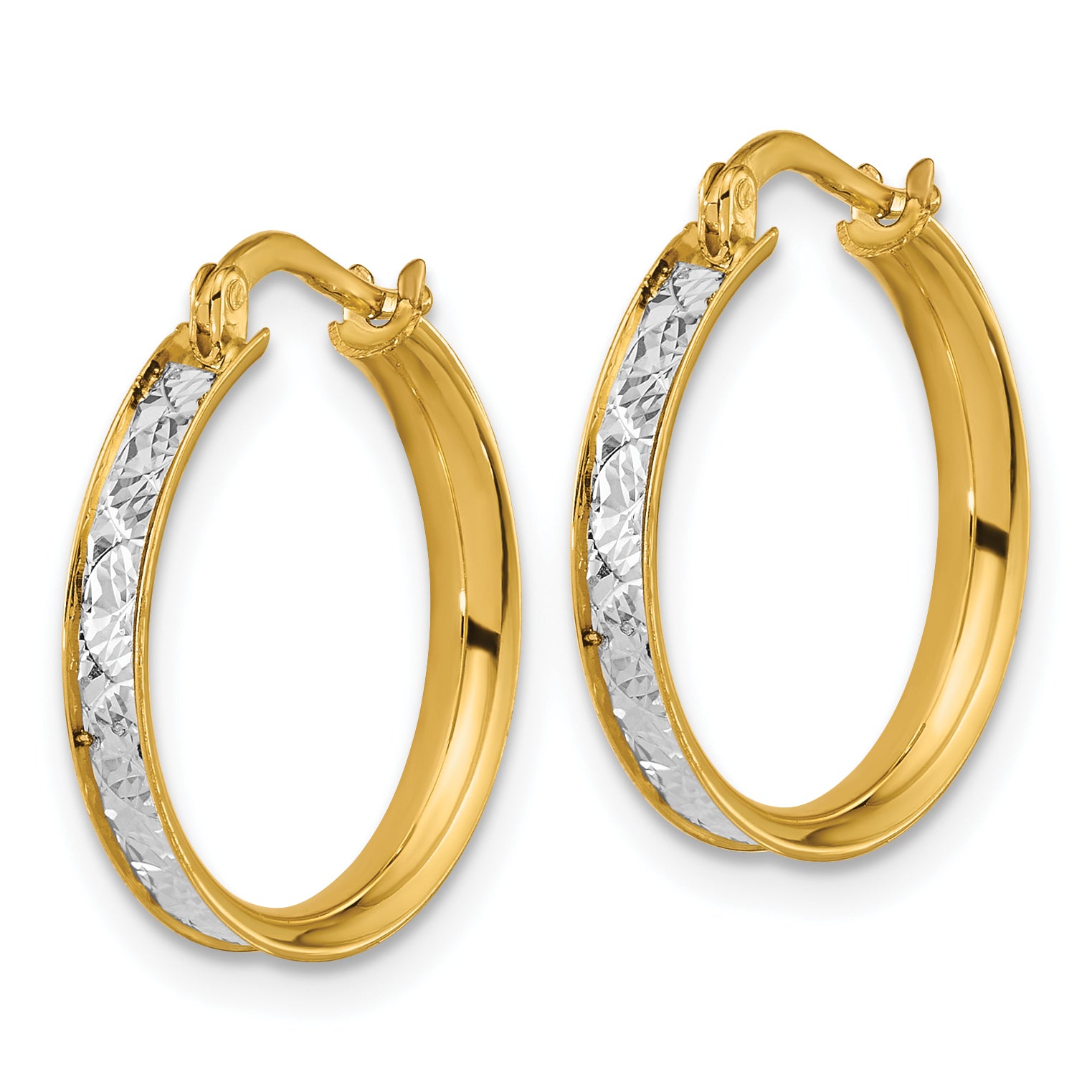 14K Two Tone Polished / Diamond Cut Round Hoop Earrings