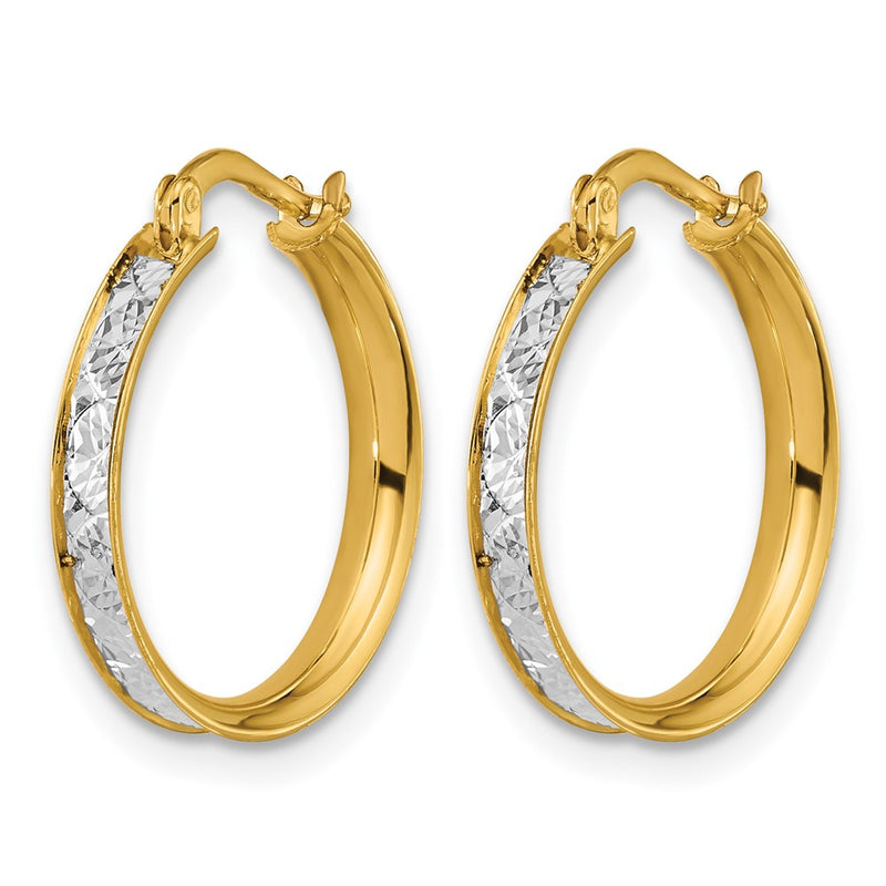 14K Two Tone Polished / Diamond Cut Round Hoop Earrings