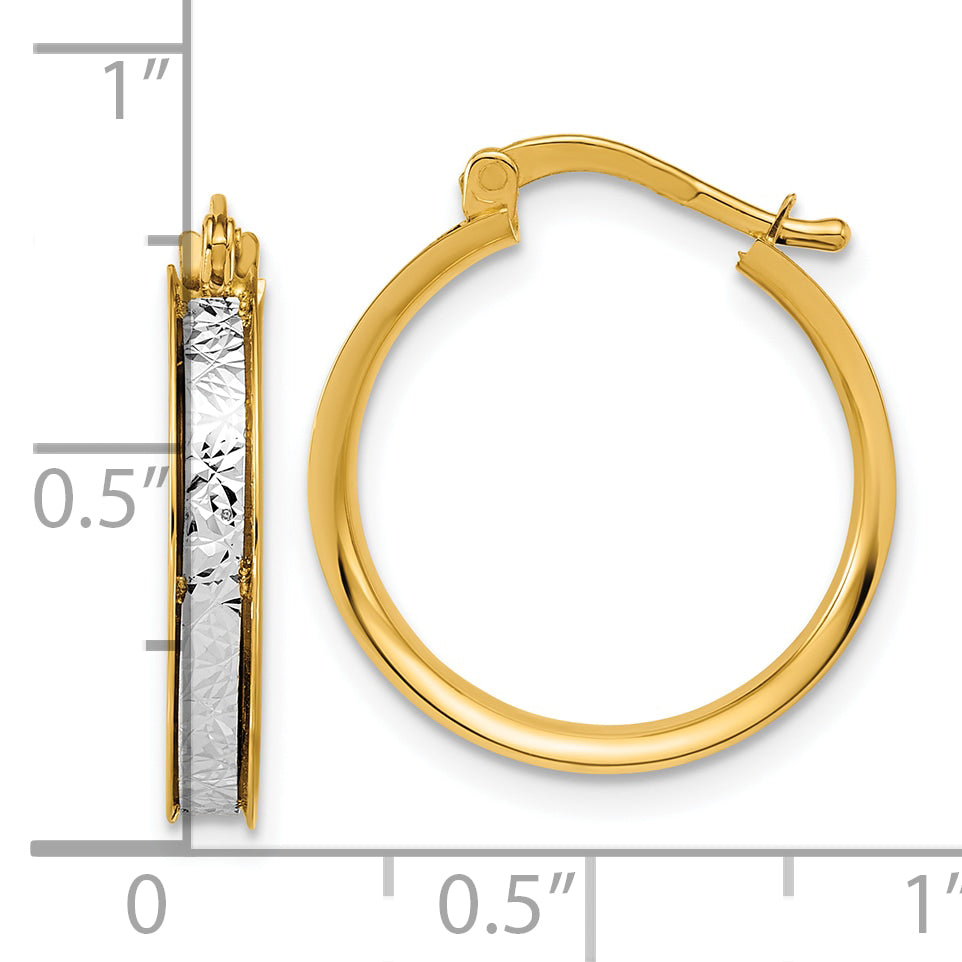 14K Two Tone Polished / Diamond Cut Round Hoop Earrings