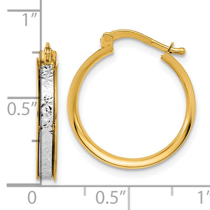 14K Two Tone Polished / Diamond Cut Round Hoop Earrings