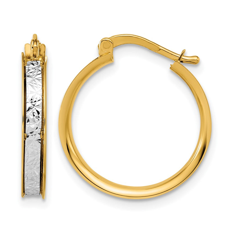 14K Two Tone Polished / Diamond Cut Round Hoop Earrings