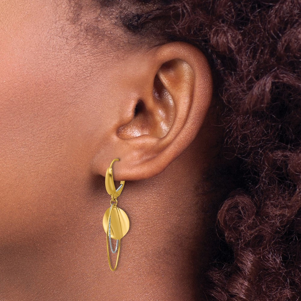 14K Two Tone Polished / Dia Cut Dangle Leverback Earrings