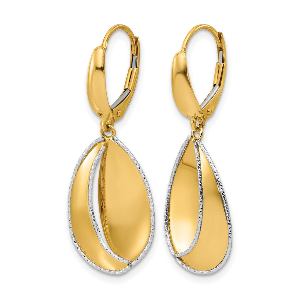 14K Two Tone Polished / Dia Cut Dangle Leverback Earrings