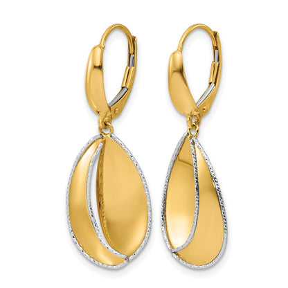 14K Two Tone Polished / Dia Cut Dangle Leverback Earrings