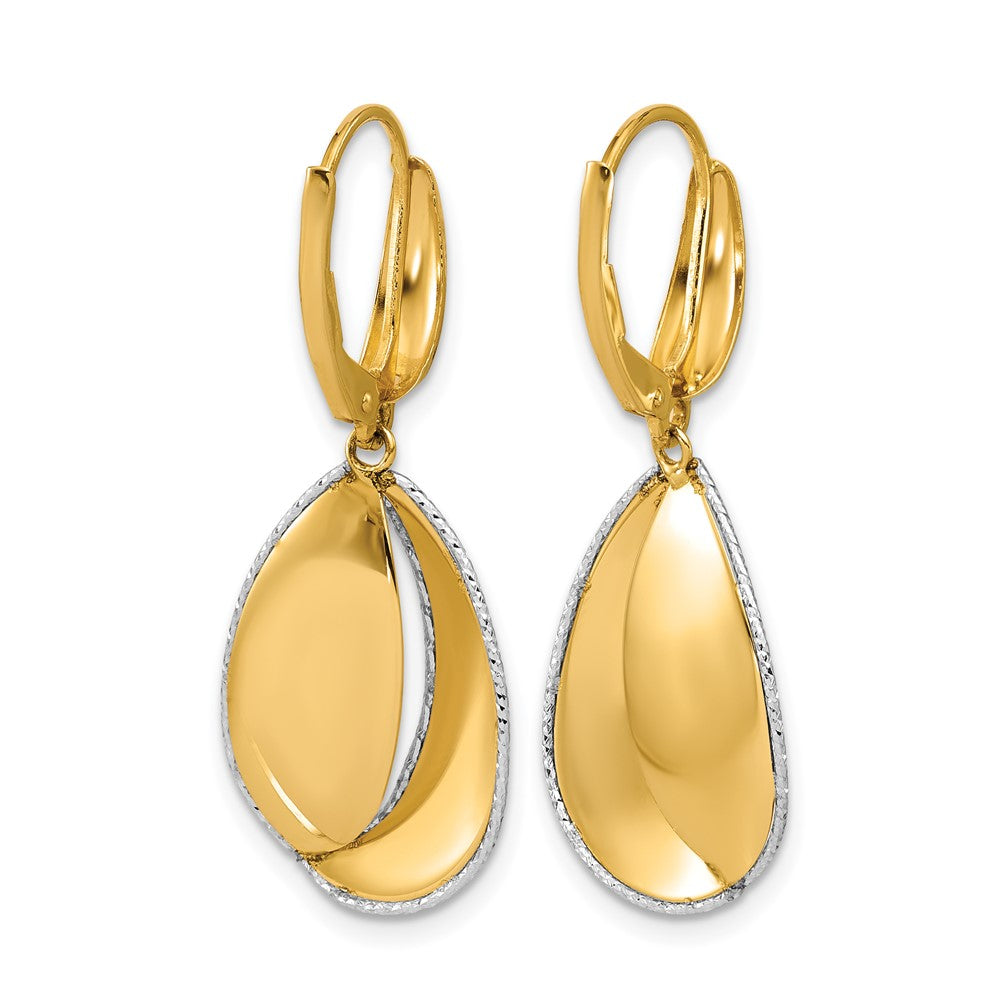 14K Two Tone Polished / Dia Cut Dangle Leverback Earrings