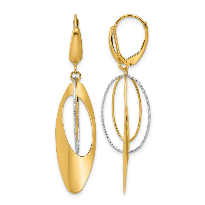 14K Two Tone Polished / Dia Cut Dangle Leverback Earrings