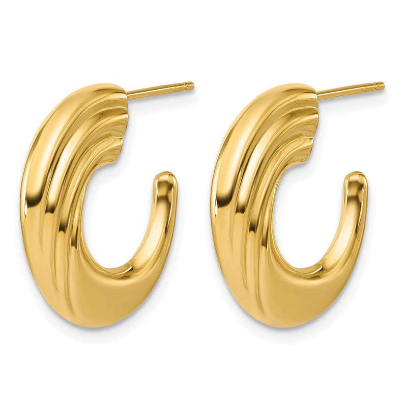14K Yellow Gold Polished And Grooved J Hoop Post Earrings