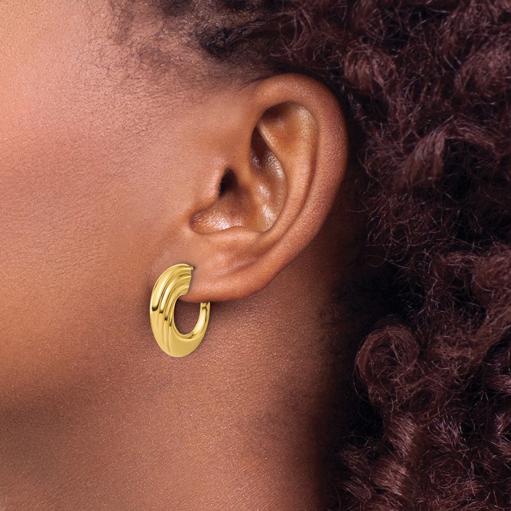 14K Yellow Gold Polished And Grooved J Hoop Post Earrings