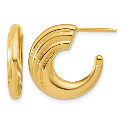 14K Yellow Gold Polished And Grooved J Hoop Post Earrings