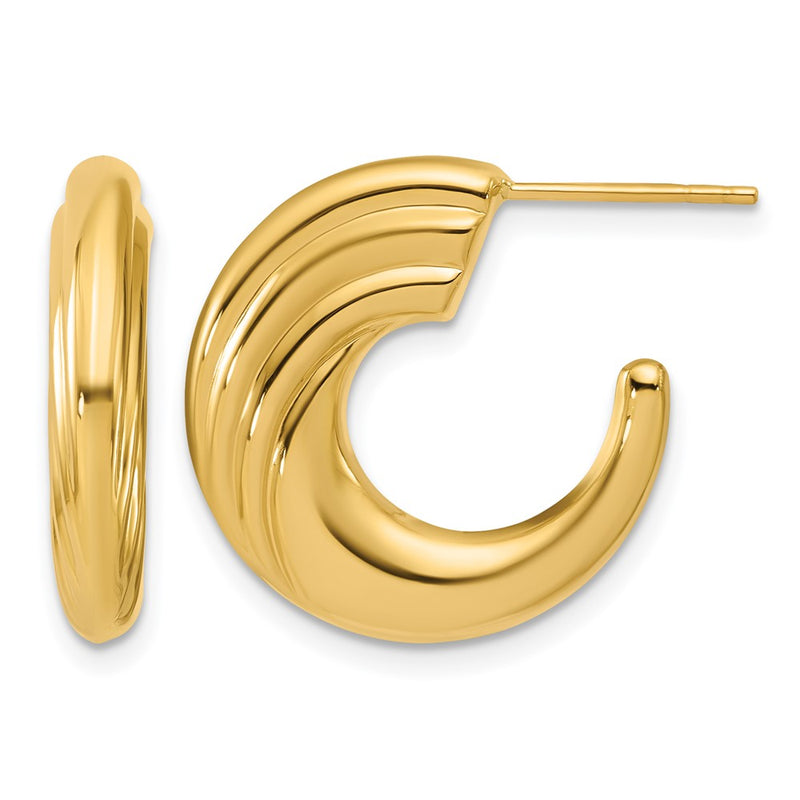 14K Yellow Gold Polished And Grooved J Hoop Post Earrings