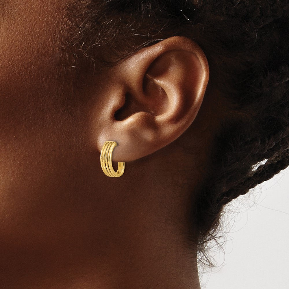 14K Yellow Gold Polished And Grooved Hinged Hoop Earrings