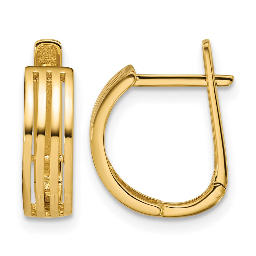 14K Yellow Gold Polished And Grooved Hinged Hoop Earrings