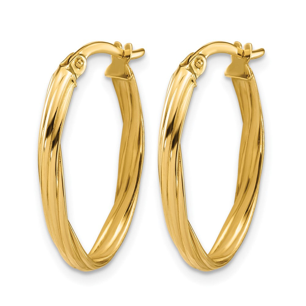 14K Yellow Gold Polished And Grooved Twist Oval Hoop Earrings