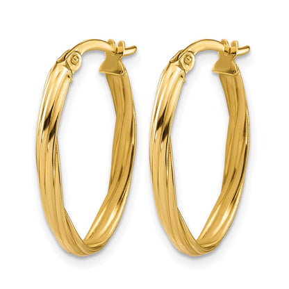 14K Yellow Gold Polished And Grooved Twist Oval Hoop Earrings