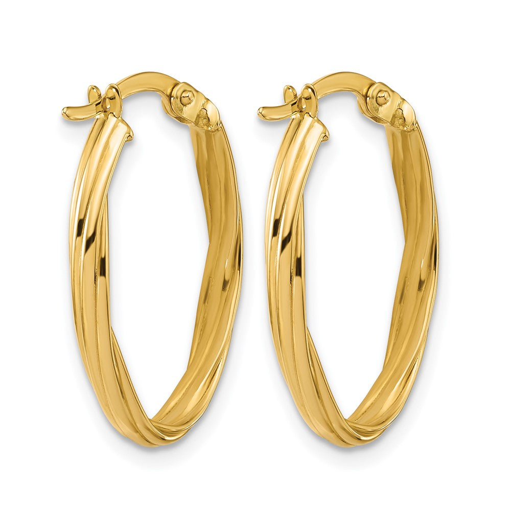 14K Yellow Gold Polished And Grooved Twist Oval Hoop Earrings