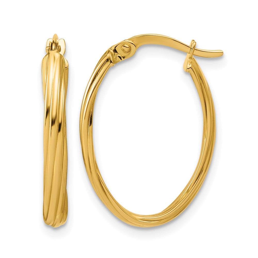 14K Yellow Gold Polished And Grooved Twist Oval Hoop Earrings