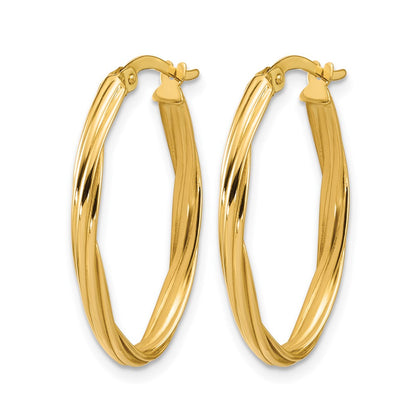 14K Yellow Gold Polished And Grooved Twist Oval Hoop Earrings