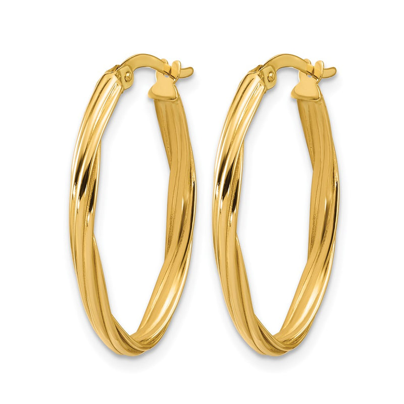 14K Yellow Gold Polished And Grooved Twist Oval Hoop Earrings