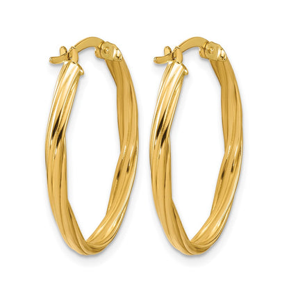 14K Yellow Gold Polished And Grooved Twist Oval Hoop Earrings