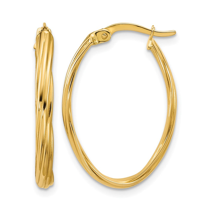 14K Yellow Gold Polished And Grooved Twist Oval Hoop Earrings