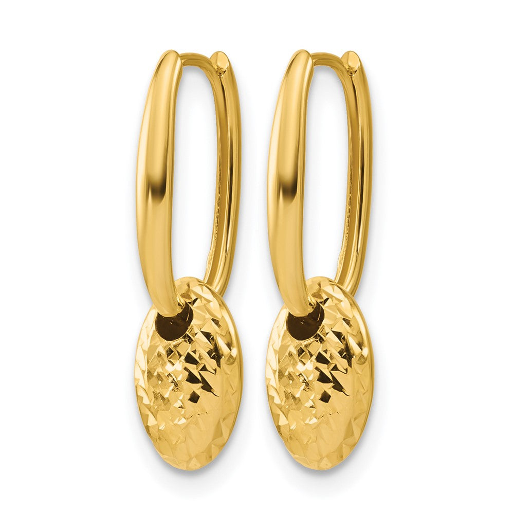 14K Yellow Gold Polished / Dia Cut Oval Bead Hinged Hoop Earrings