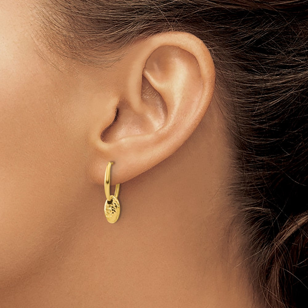14K Yellow Gold Polished / Dia Cut Oval Bead Hinged Hoop Earrings
