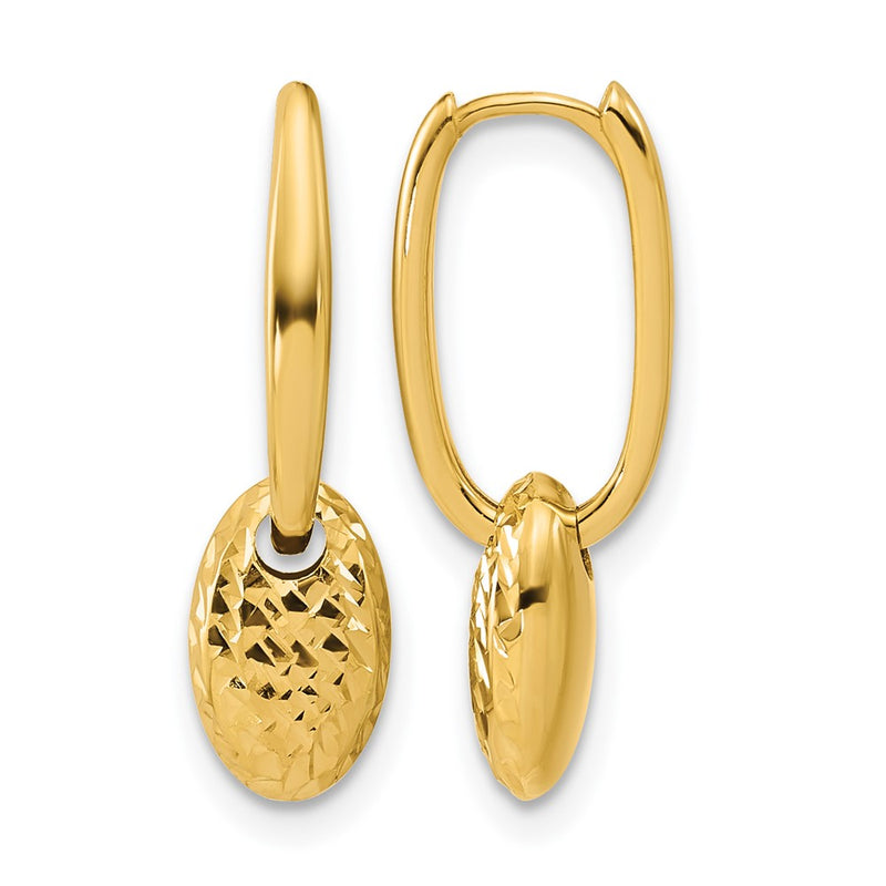 14K Yellow Gold Polished / Dia Cut Oval Bead Hinged Hoop Earrings