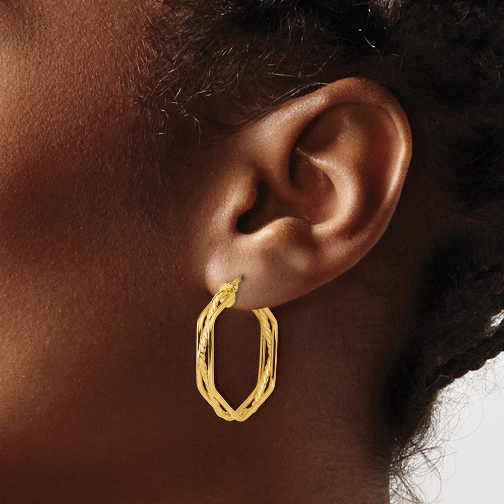 14K Yellow Gold Polished And Twisted Hoop Earrings