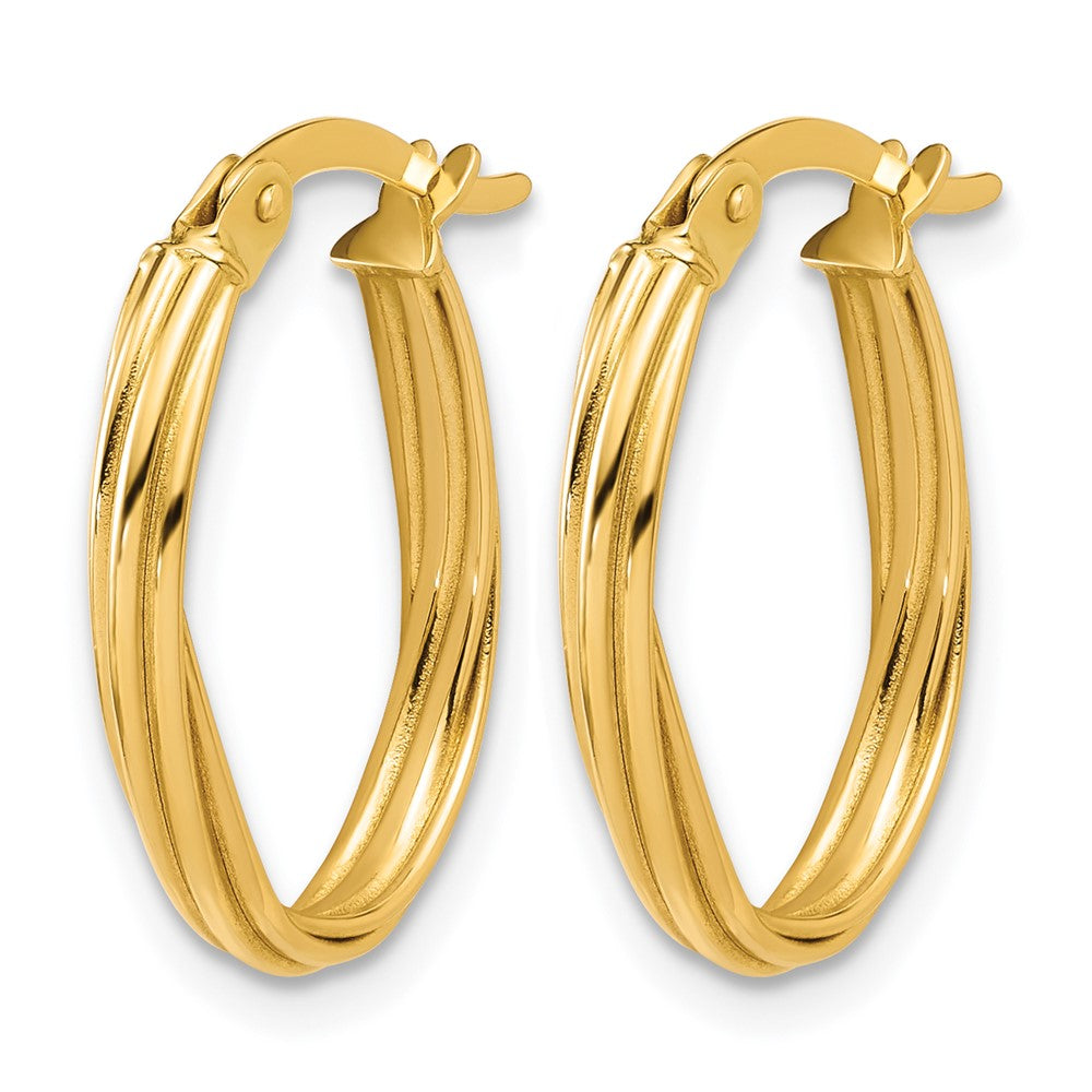 14K Yellow Gold Polished And Grooved Twist Oval Hoop Earrings