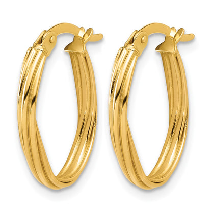 14K Yellow Gold Polished And Grooved Twist Oval Hoop Earrings