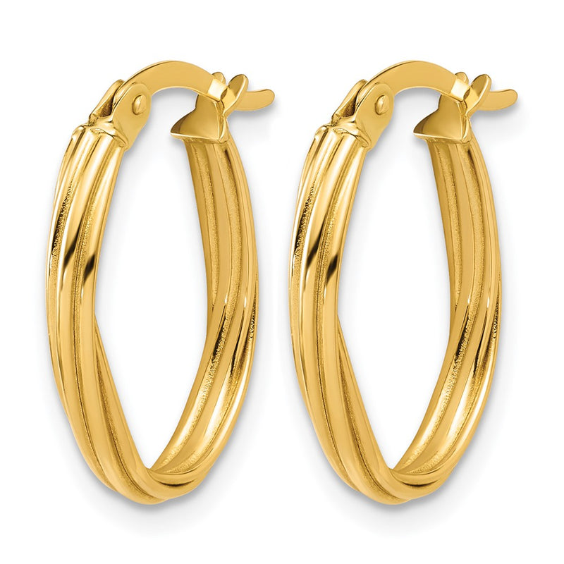14K Yellow Gold Polished And Grooved Twist Oval Hoop Earrings