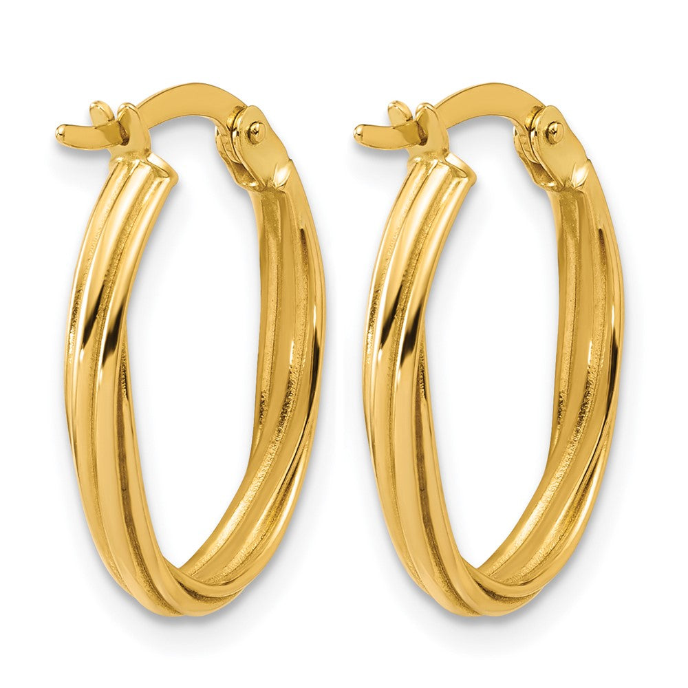 14K Yellow Gold Polished And Grooved Twist Oval Hoop Earrings
