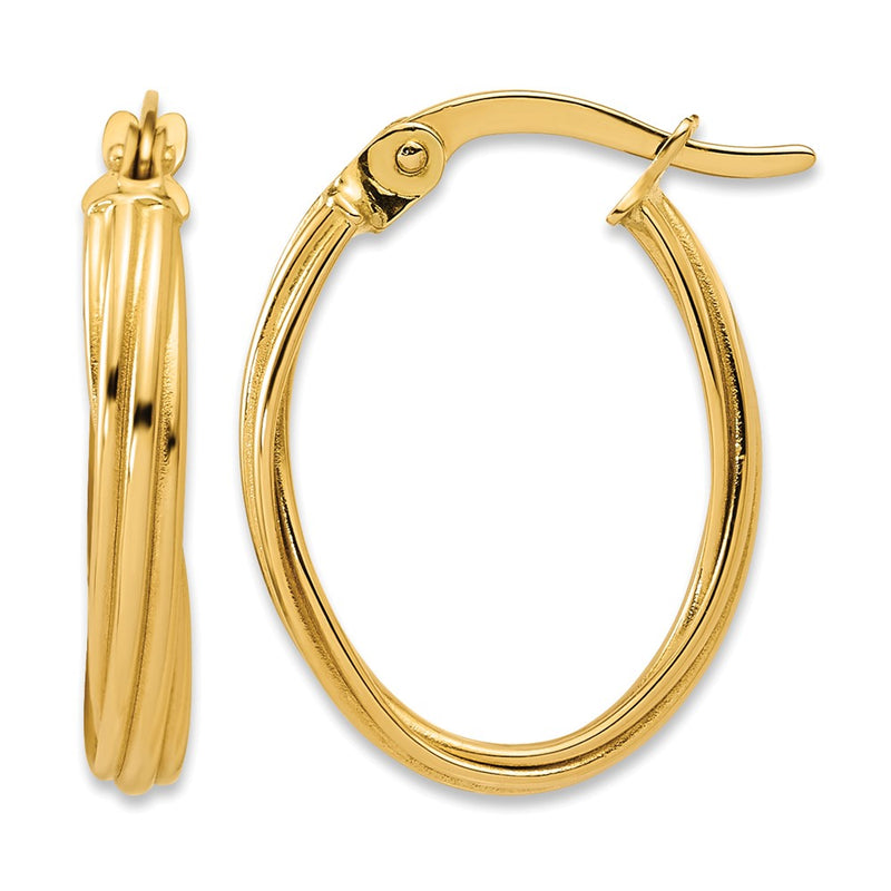 14K Yellow Gold Polished And Grooved Twist Oval Hoop Earrings