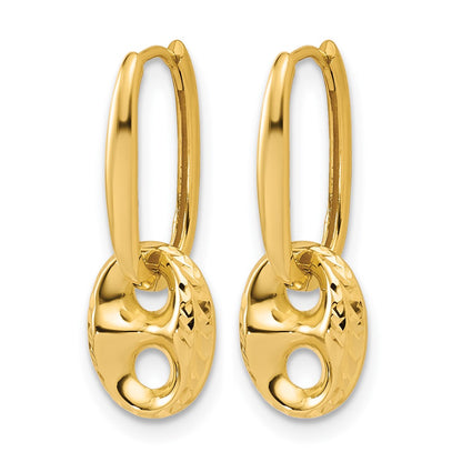 14K Yellow Gold Polished/Dia Cut Mariner Bead Hinged Hoop Earrings