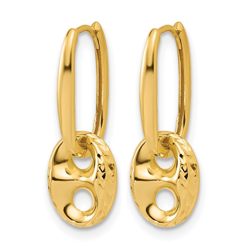 14K Yellow Gold Polished/Dia Cut Mariner Bead Hinged Hoop Earrings