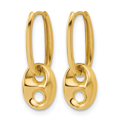 14K Yellow Gold Polished/Dia Cut Mariner Bead Hinged Hoop Earrings