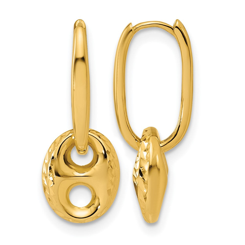 14K Yellow Gold Polished/Dia Cut Mariner Bead Hinged Hoop Earrings