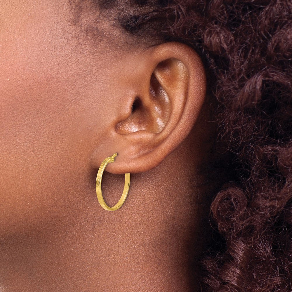 14K Yellow Gold Polished Greek Key Round Hoop Earrings