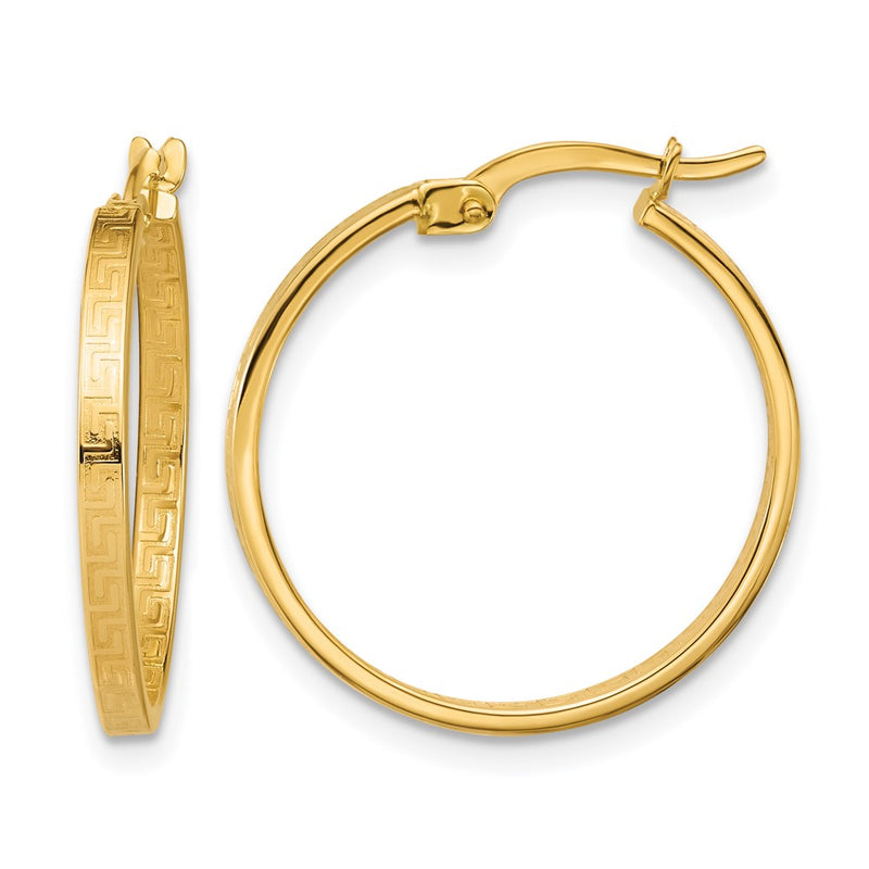 14K Yellow Gold Polished Greek Key Round Hoop Earrings