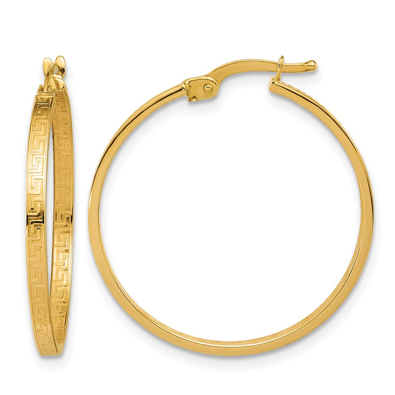 14K Yellow Gold Polished Greek Key Round Hoop Earrings