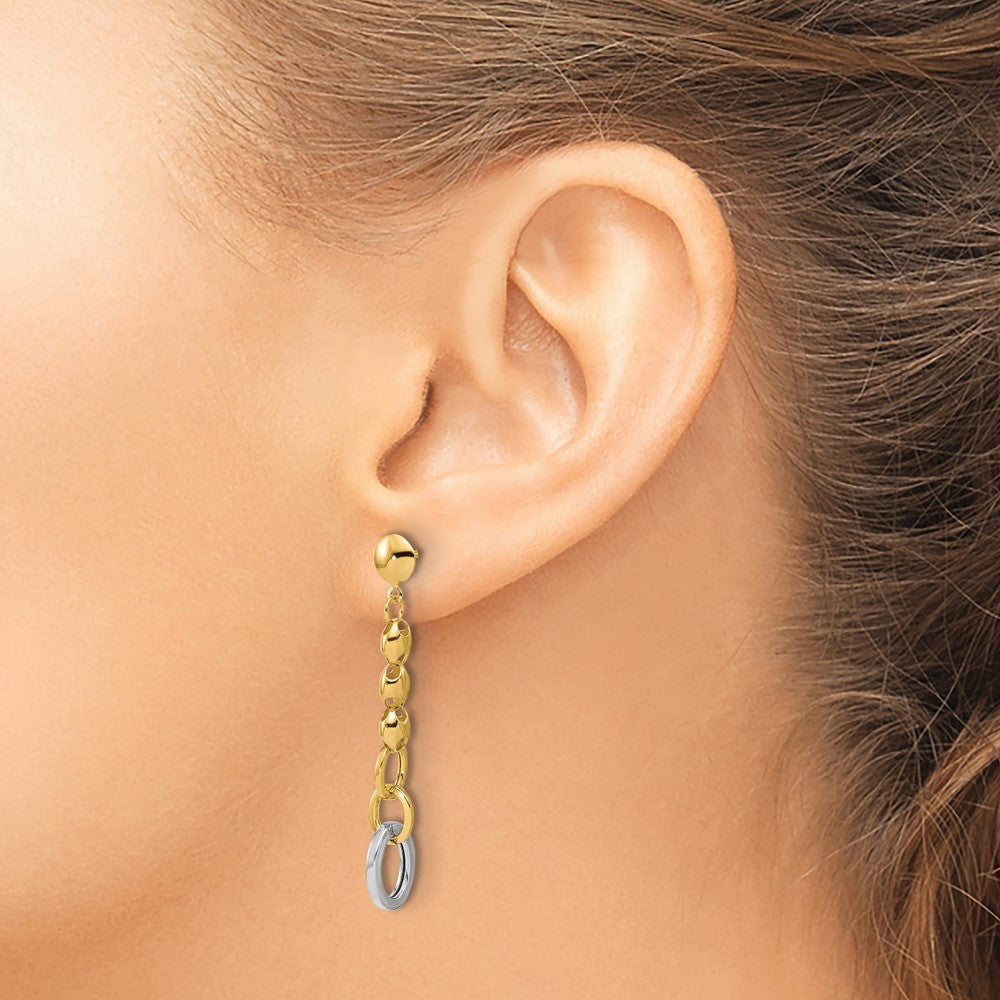14K Yellow & Rhodium Wht Rh Polished Fancy Oval Link Post Dangle Earrings
