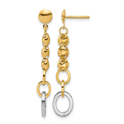 14K Yellow & Rhodium Wht Rh Polished Fancy Oval Link Post Dangle Earrings