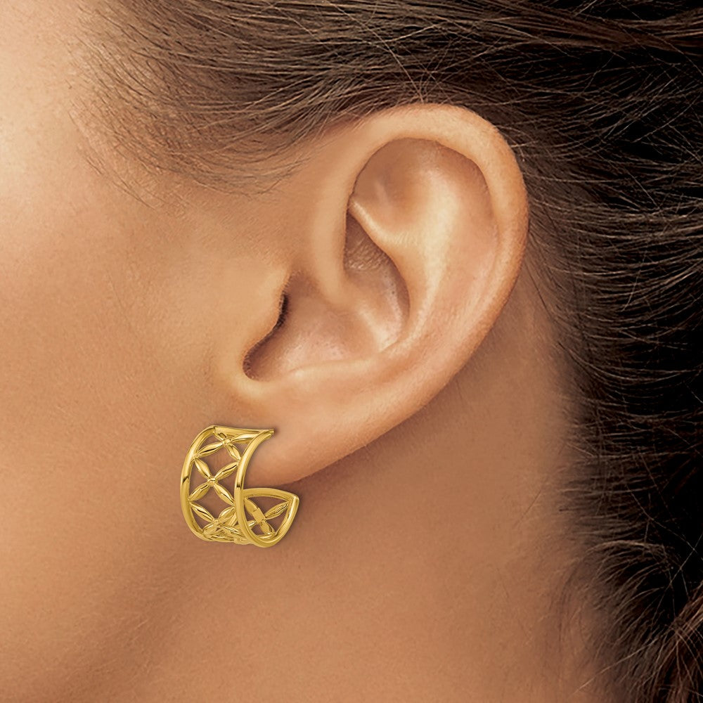 14K Yellow Gold Polished Criss Cross J Hoop Post Earrings