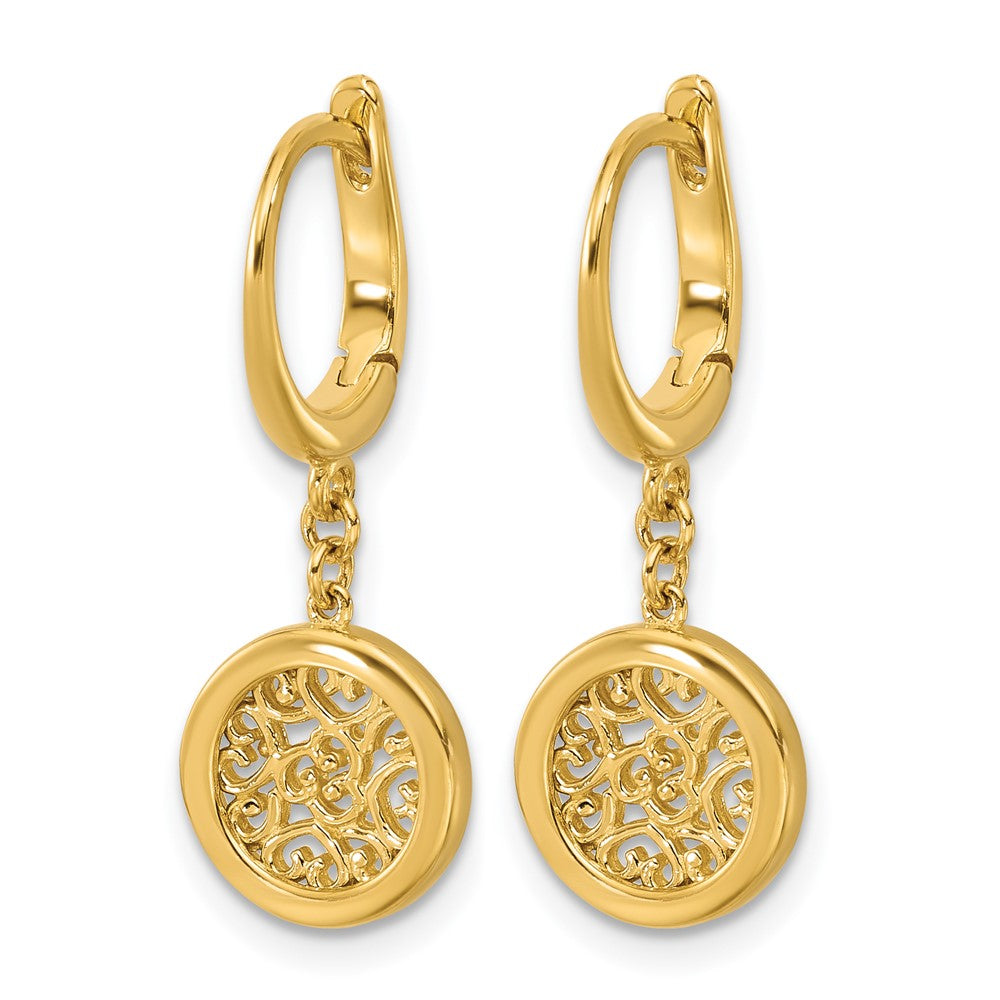 14K Yellow Gold Polished Fancy Filigree Circle Leverback Dangle Earrings
