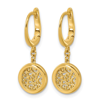 14K Yellow Gold Polished Fancy Filigree Circle Leverback Dangle Earrings