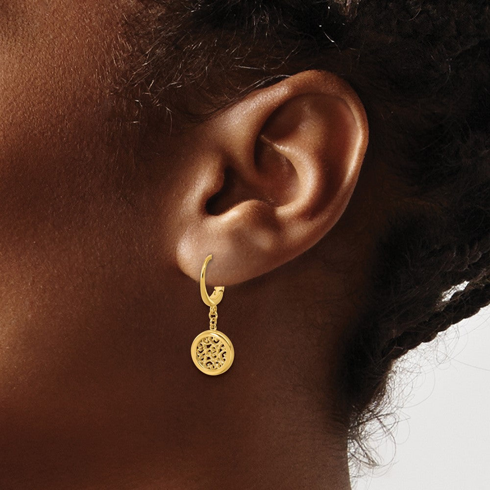 14K Yellow Gold Polished Fancy Filigree Circle Leverback Dangle Earrings