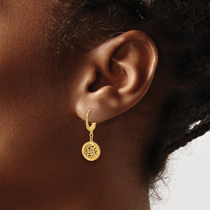 14K Yellow Gold Polished Fancy Filigree Circle Leverback Dangle Earrings