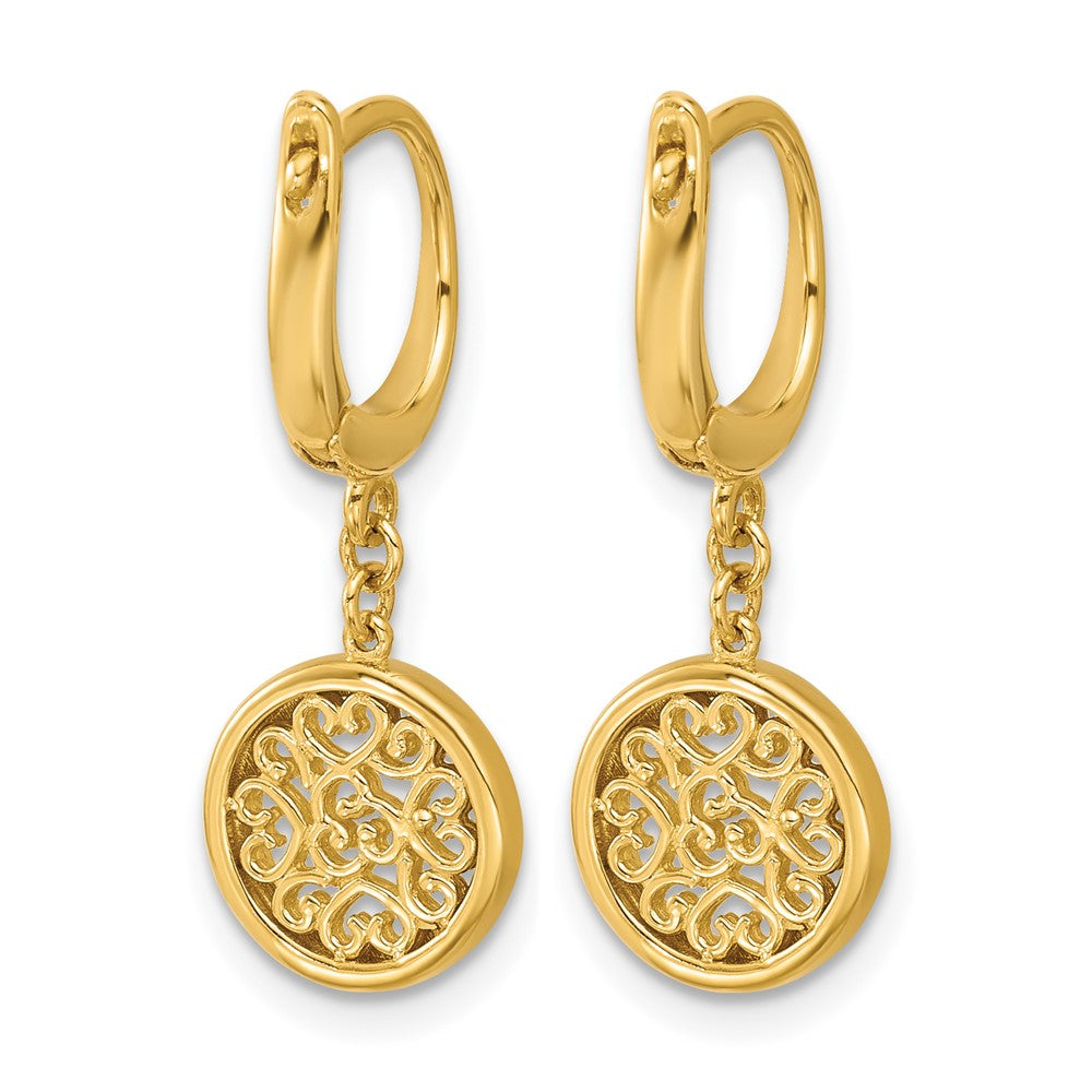14K Yellow Gold Polished Fancy Filigree Circle Leverback Dangle Earrings