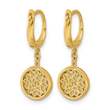14K Yellow Gold Polished Fancy Filigree Circle Leverback Dangle Earrings